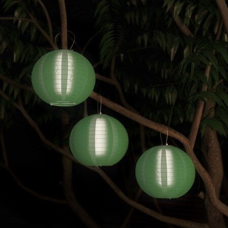 Nature Spring Chinese Lanterns-Hanging Fabric Lamps with Solar Powered LED Bulbs and Hanging Hooks (3 Pack-Green) 555019REY